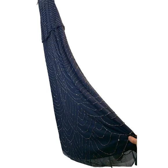 Adrianna Papell 18 Bead Halter Blousen Gown Navy Dress Art Deco Formal NwD - Picture 5 of 14